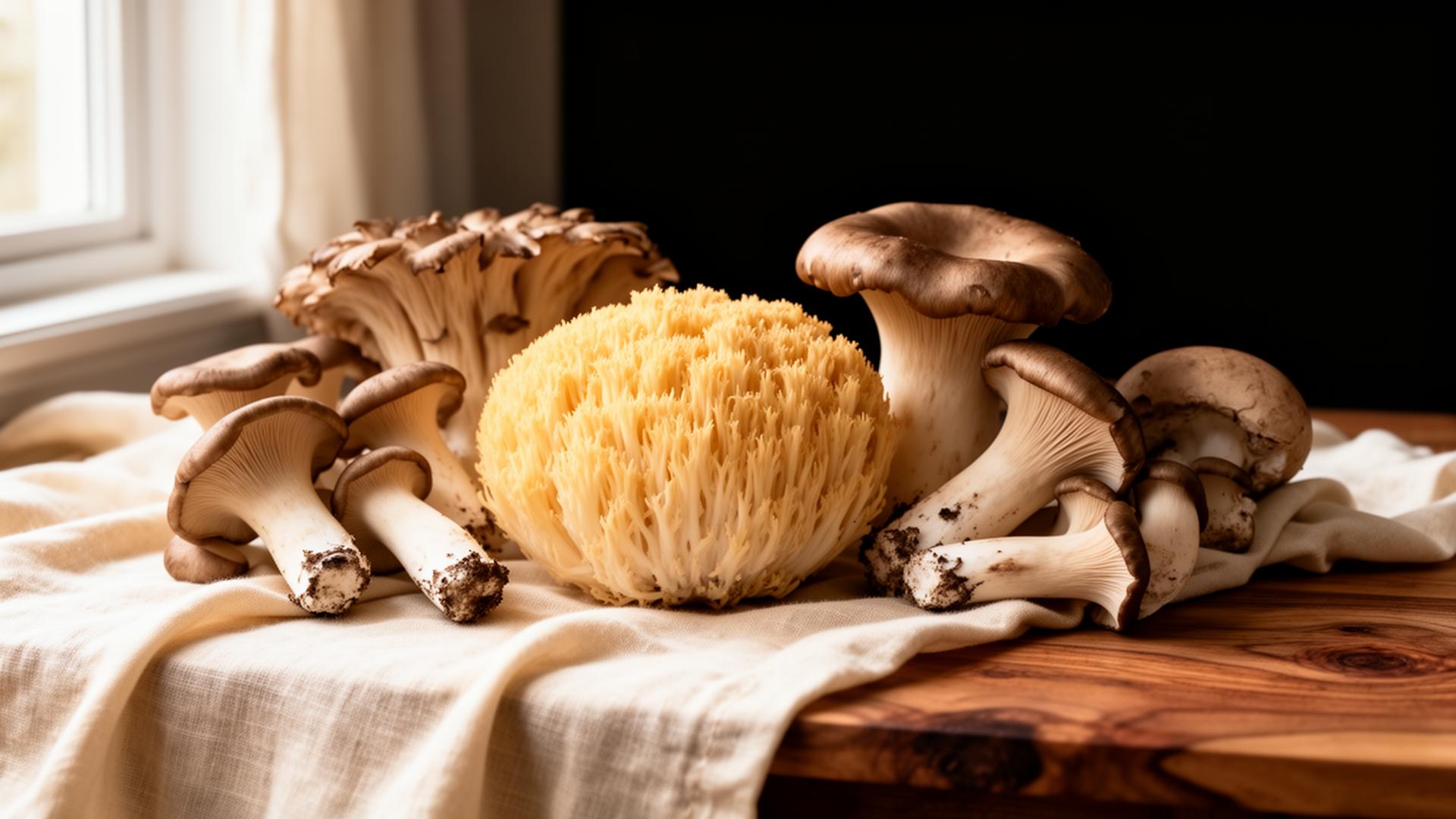 A fresh harvest of gourmet mushrooms on a linen cloth